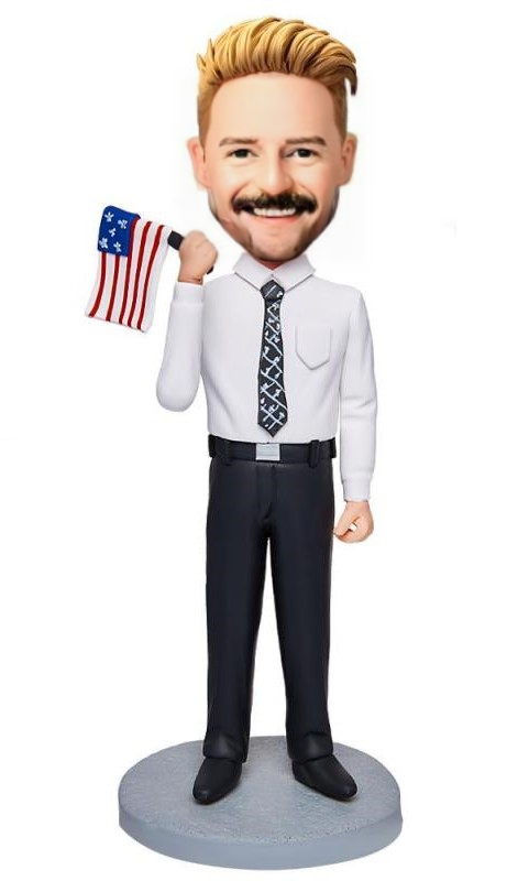 Business Man Holding An American Flag Custom Bobblehead With Engraved Text