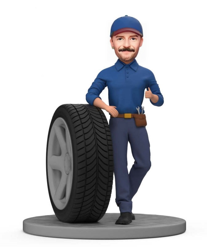 Custom Bobblehead Handsome Car Engineer Car Mechanic Leaning on A Tire