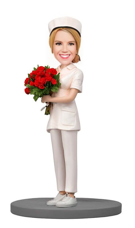 Gift for Nurse Custom Bobblehead Excellent Nurse Holding Flowers