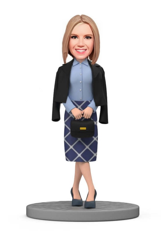 Custom Bobblehead Stylish Woman in A Black Coat With Bag