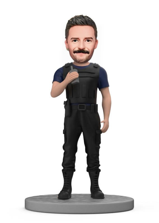 Custom Bobblehead Handsome Policeman in Body Armor With Walkie Talkie in Hand