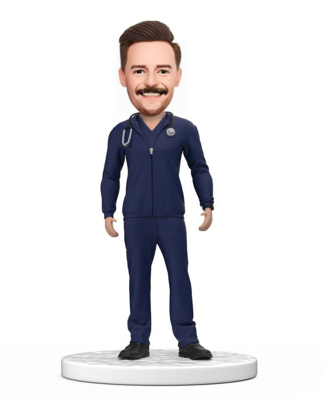 Personalized Male Doctor Bobblehead in Blue Scrubs Kit with Jacket Engraved Text National Doctors Day Gift