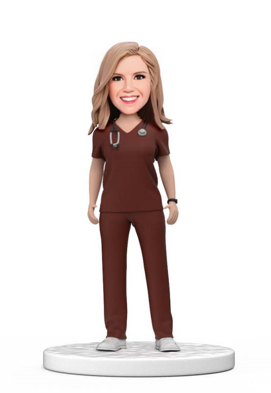 Custom Female Doctor Bobblehead in Red Scrubs with Engraved Text National Doctors Day Gift