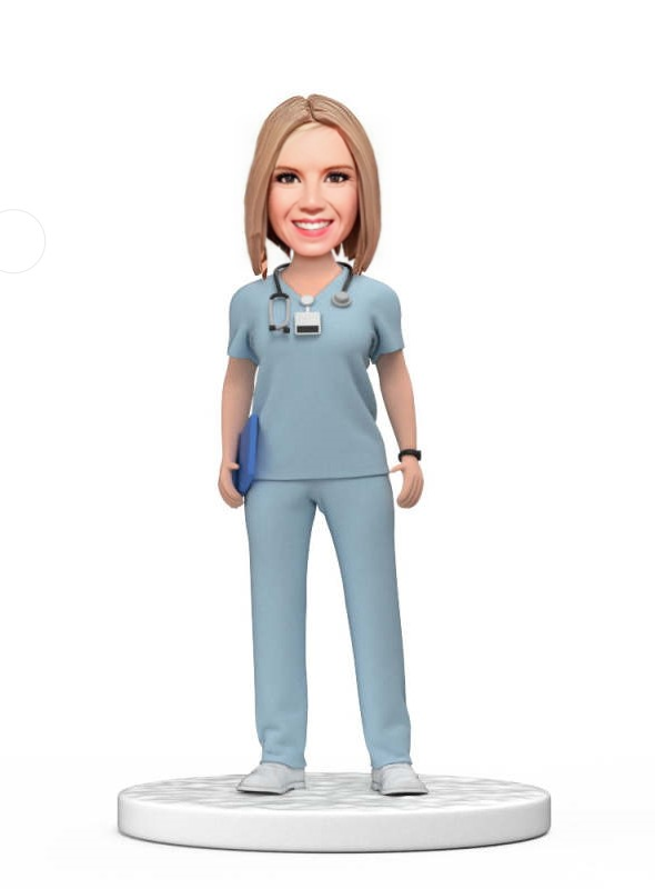 Custom Female Doctor Bobblehead in Light Blue Scrubs with Engraved Text National Doctors Day Gift