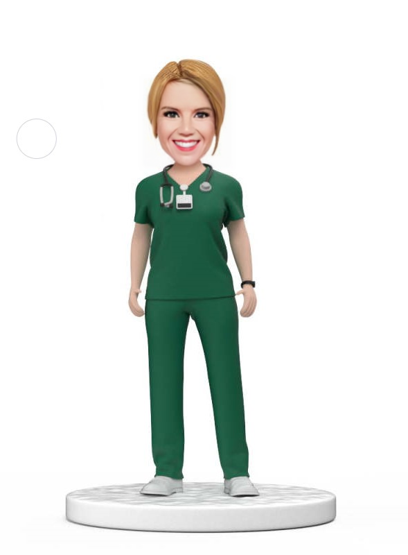 Custom Female Doctor Bobblehead in Green Scrubs with Engraved Text National Doctors Day Gift