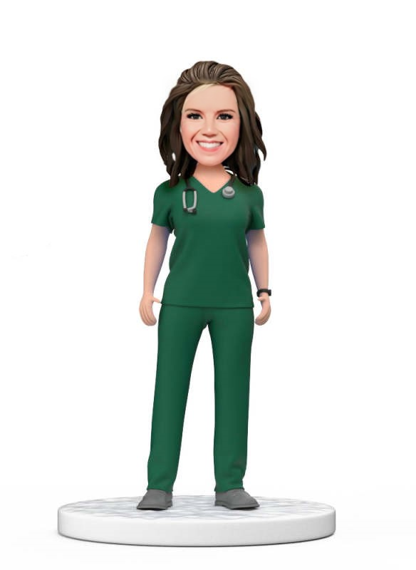 Personalized Female Doctor Bobblehead in Green Scrubs with Engraved Text National Doctors Day Gift