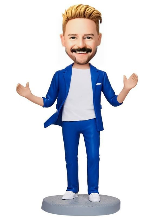 Blue Suit Happy Business Man Custom Bobblehead With Engraved Text