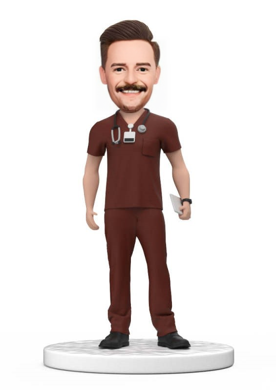 Personalized Male Doctor Bobblehead in Red Scrubs with Engraved Text National Doctors Day Gift