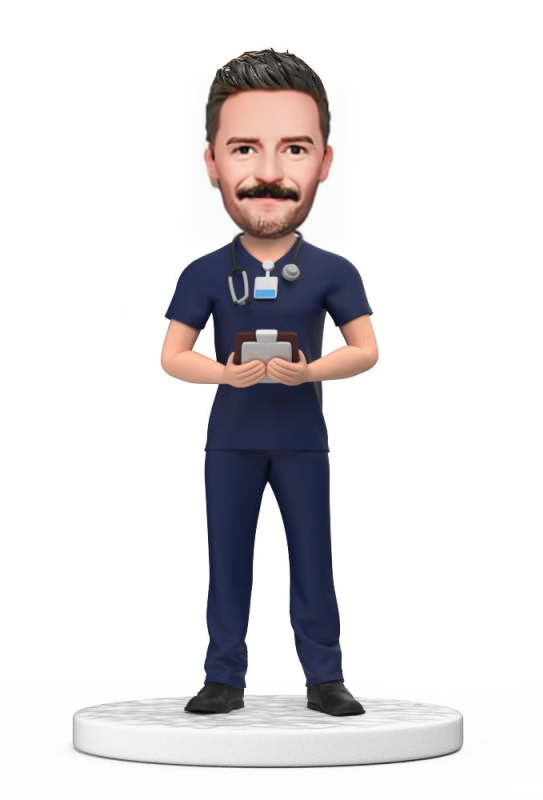 Custom Male Doctor Bobblehead in Dark Blue Scrubs with Engraved Text National Doctors Day Gift