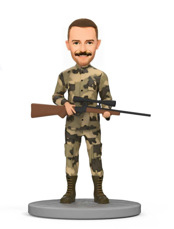 Wearing Camouflage Clothing with Gun Custom Bobblehead Engraved with Text