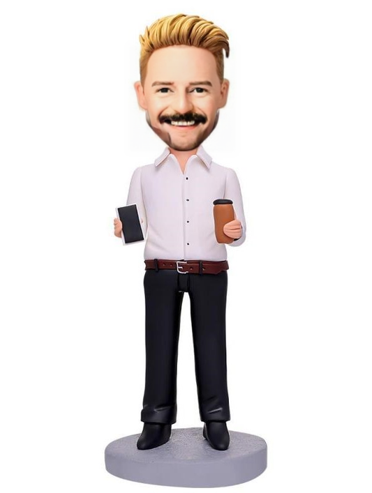 Business Man Holding Coffee And Mobile Phone Custom Bobblehead With Engraved Text