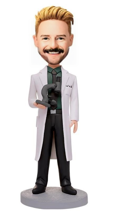 Scientist Holding A Microscope Custom Bobblehead With Engraved Text