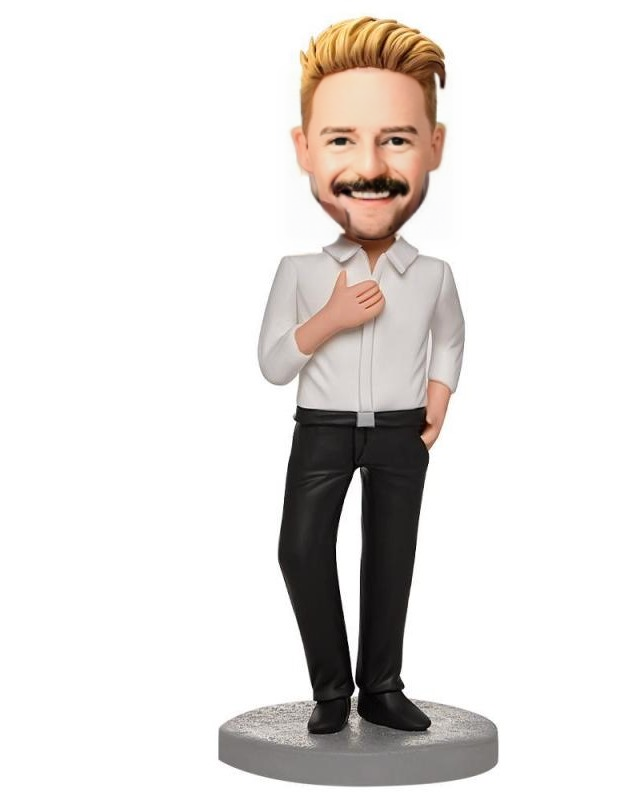 Business Male Wearing A White Shirt Custom Bobblehead With Engraved Text