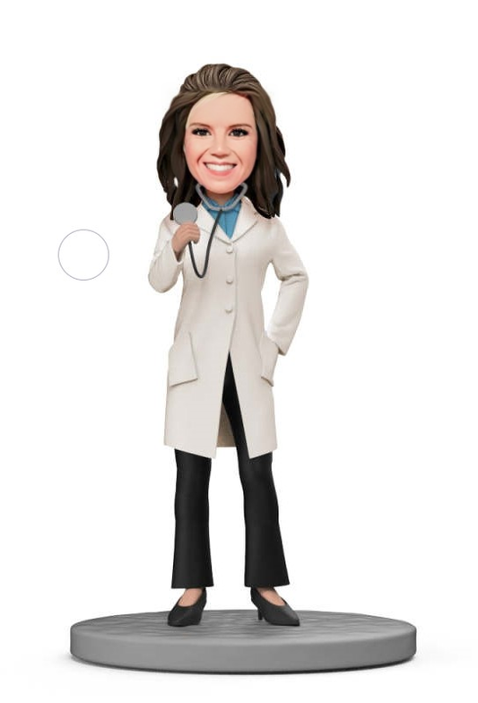 Pediatrician with Stethoscope in Hand Custom Bobblehead With Engraved Text