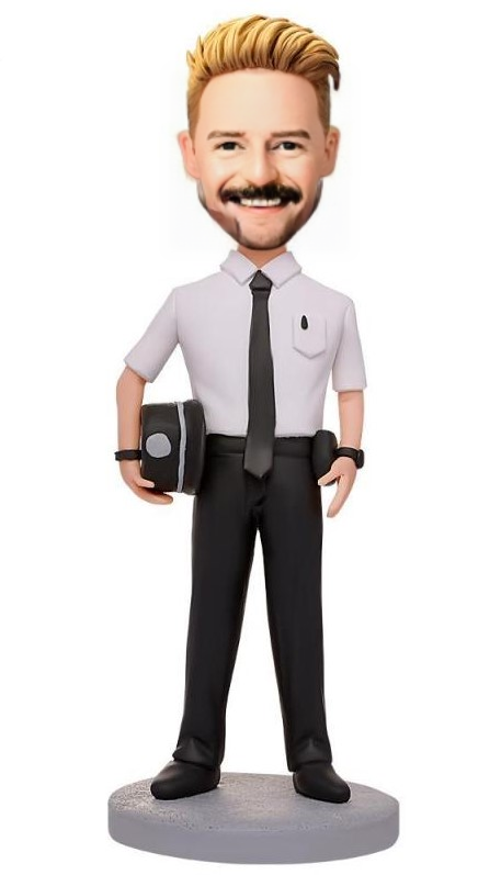 Male Policeman Holding A Police Hat Custom Bobblehead With Engraved Text