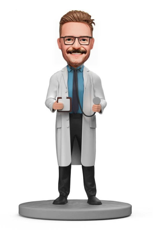 Male Doctor with Stethoscope and Medical Record Book Custom Bobblehead With Engraved Text