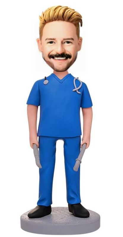 Male Doctor Holding Tools Custom Bobblehead With Engraved Text