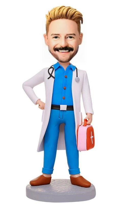 Male Doctor Carrying A First Aid Kit Custom Bobblehead With Engraved Text