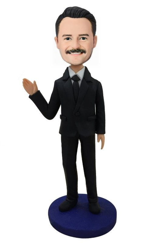 Male Executive In Black Suit Waving His Hand Custom Bobblehead With Engraved Text