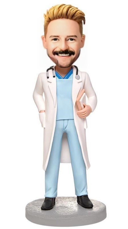 Male Doctor With Stethoscope Custom Bobblehead With Engraved Text