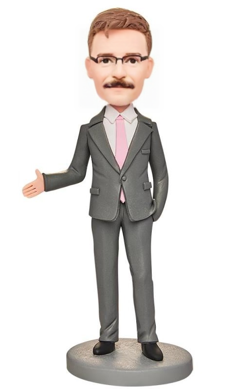 Grey Suit Business Man Custom Bobblehead With Engraved Text