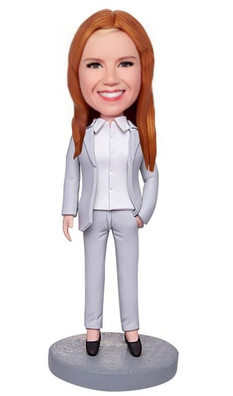 Grey Suit Boss Business Woman Custom Bobblehead With Engraved Text