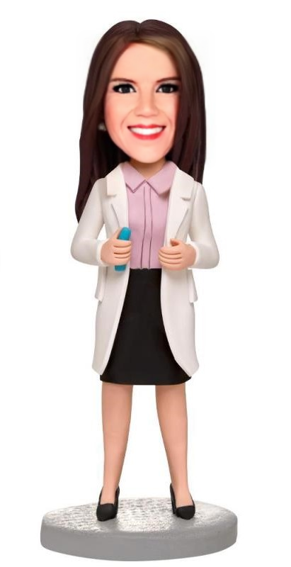 Female Doctor Holding A Needle Custom Bobblehead With Engraved Text