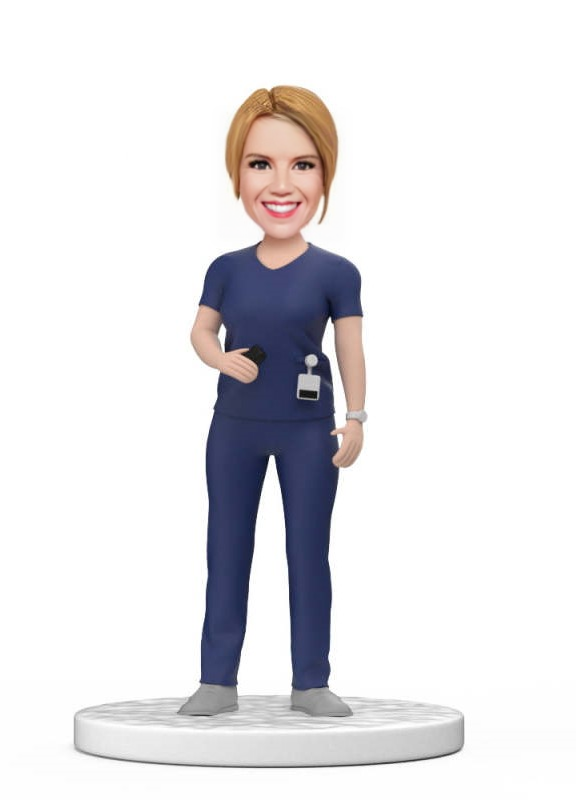 Personalized Female Doctor Bobblehead in Dark Blue Scrubs with Engraved Text National Doctors Day Gift