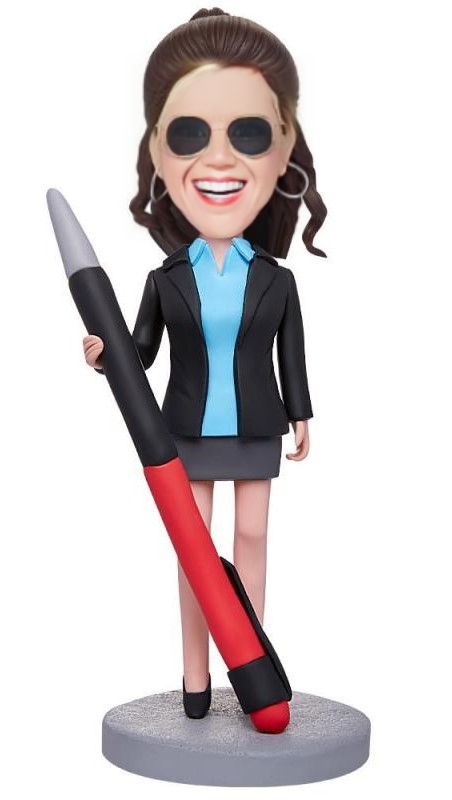 Female Boss And A Pencil Custom Bobblehead With Engraved Text