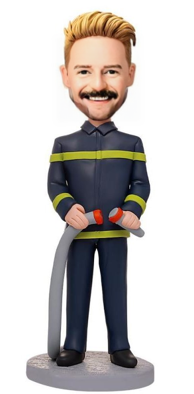 Fireman holding A Hose Custom Bobblehead With Engraved Text