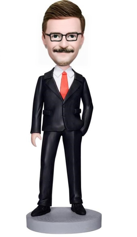 Business Man In Black Suit Custom Bobblehead With Engraved Text