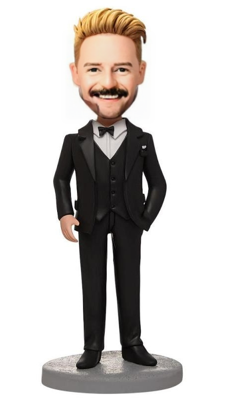 Business Male Wearing A Black Suit Custom Bobblehead With Engraved Text