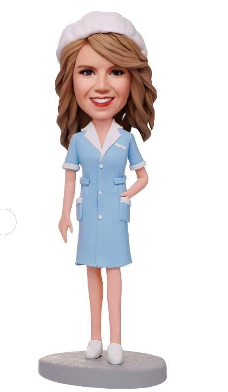 Blue Suit Female Nurse Custom Bobblehead With Engraved Text