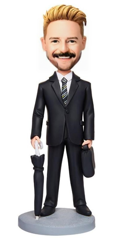 Business Man Holding Umbrella And Handbag Custom Bobblehead With Engraved Text