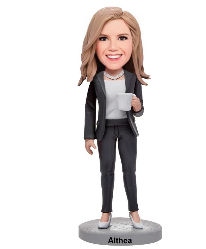 Business Woman Holding A Water Glass Custom Bobblehead With Engraved Text