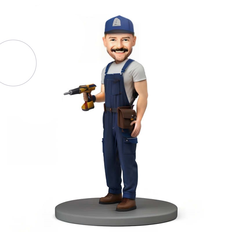 Custom Bobblehead Carpenter Holding Drill With Text