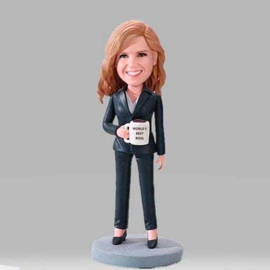 Female Business Christmas Gift Custom Bobblehead Gift Worlds Best Boss Holding A Water Glass