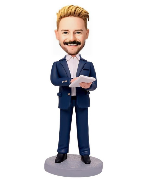 Business Man Taking Notes Custom Bobblehead With Engraved Text