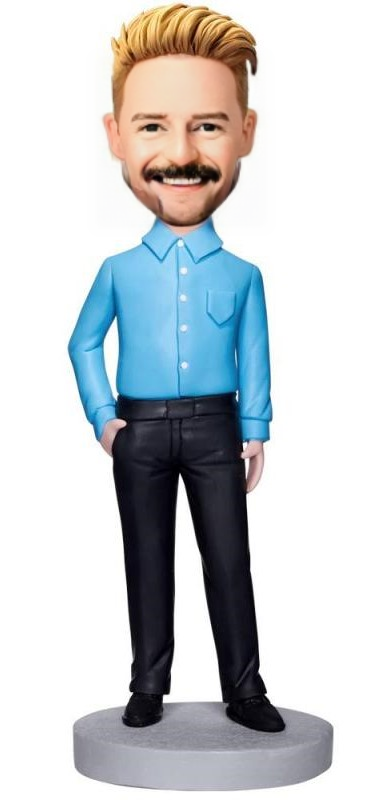 Executive Man In Blue Shirt Custom Bobblehead With Engraved Text