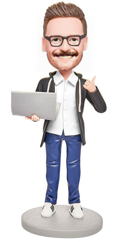 Business Gift Male Software Engineer with Computer Custom Bobblehead Engraving with Text