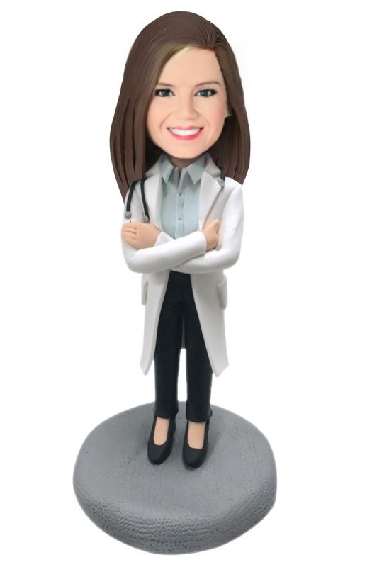 Female Doctor in Lab Coat with Stethoscope Custom Bobblehead With Engraved Text