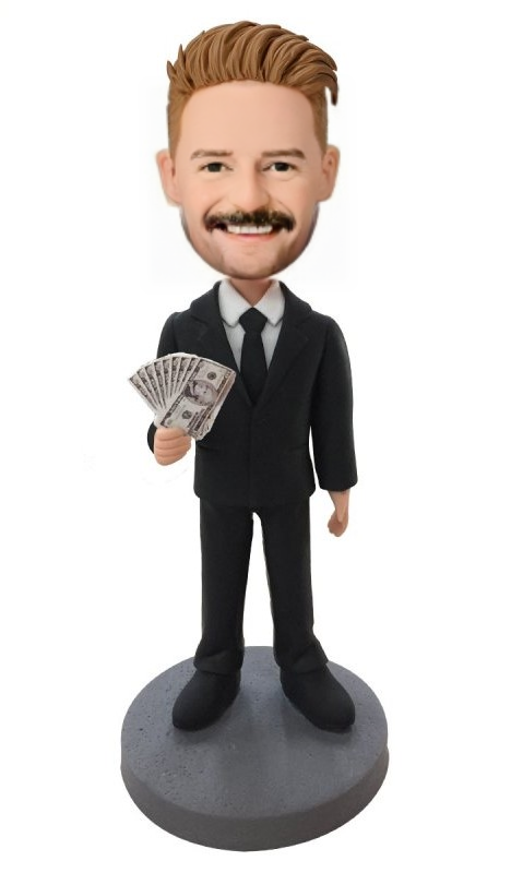 Male Executive In Black Suit Holding Money Custom Bobblehead With Engraved Text