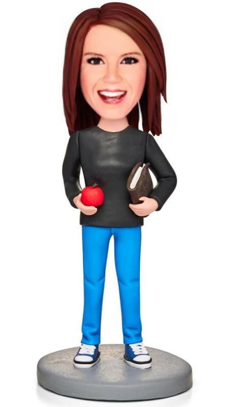 Female Teacher Holding Apple And Book Custom Bobblehead With Engraved Text