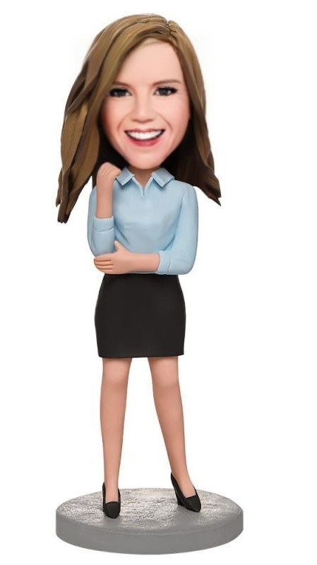 Business Female In A Blue Shirt Custom Bobblehead With Engraved Text