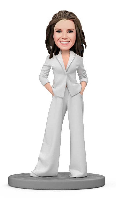 Gift For Her Custom Bobblehead Beautiful Woman Wearing Fashionable White Suit