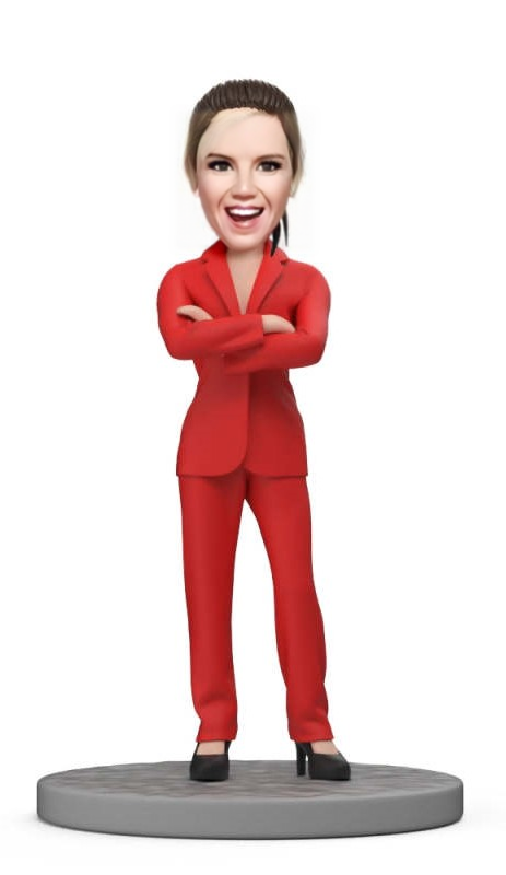 Bosss Day Gift Standing Custom Bobblehead Businesswoman in Red Suit