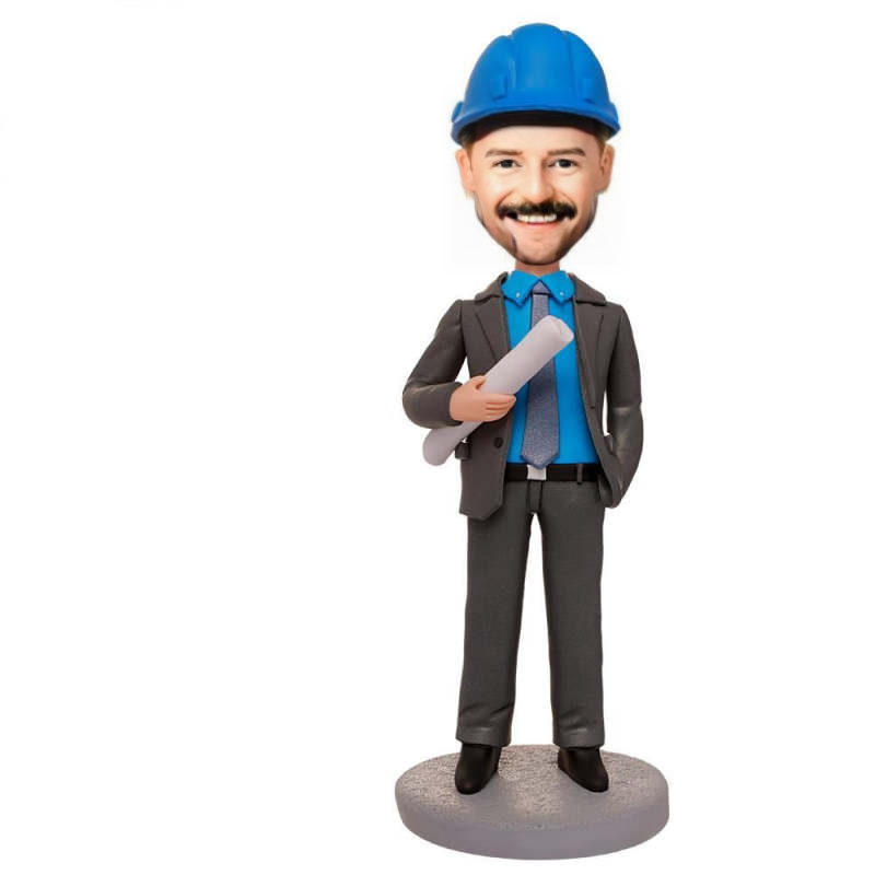 Engineer Holding Blueprints Custom Bobblehead With Engraved Text