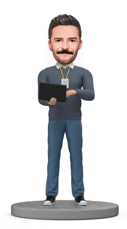 Custom Bobblehead Software Engineer Holding Laptop and Showing Badge