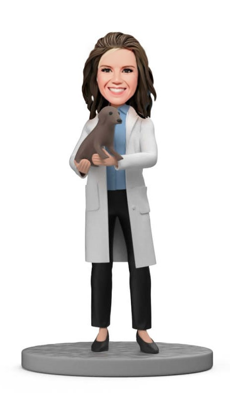 Female Veterinarian With Pet in Her Arms Custom Bobblehead With Text