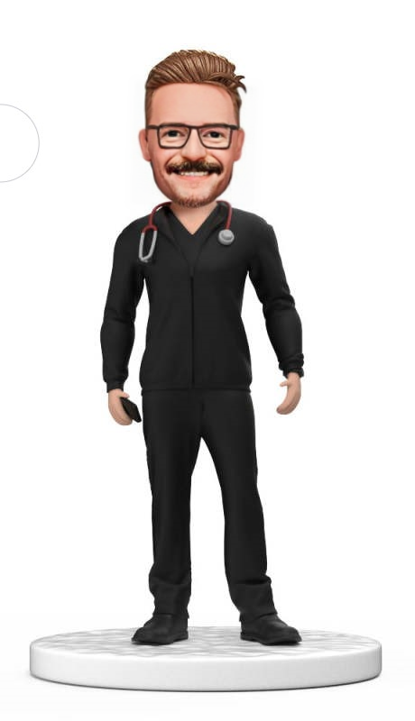 Personalized Male Doctor Bobblehead in Black Scrubs Kit with Jacket Engraved Text National Doctors Day Gift